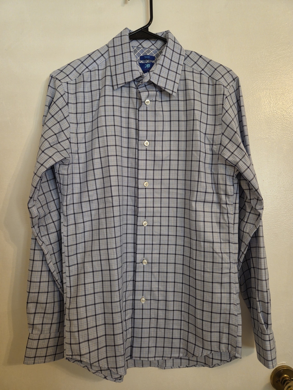 Egara Men's Light Blue and Navy Check Dress Shirt